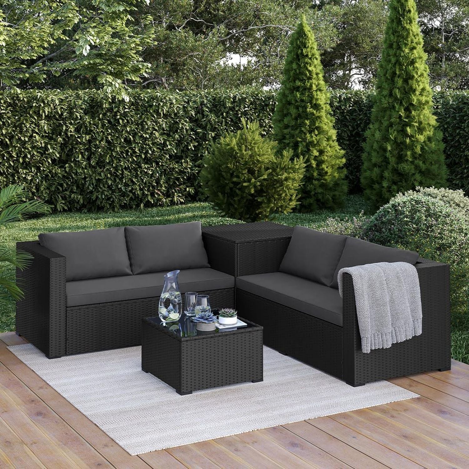 Hochwertige Veloria Gartenmoebel Set 4 TLG Gartenlounge ausgestattet mit Sofas Box OutdoorTerrassenSetSet bis 4 Personen Sitzgarnitur Balkon Terasse schwarz anthrazit mit Stauraum Variante 84