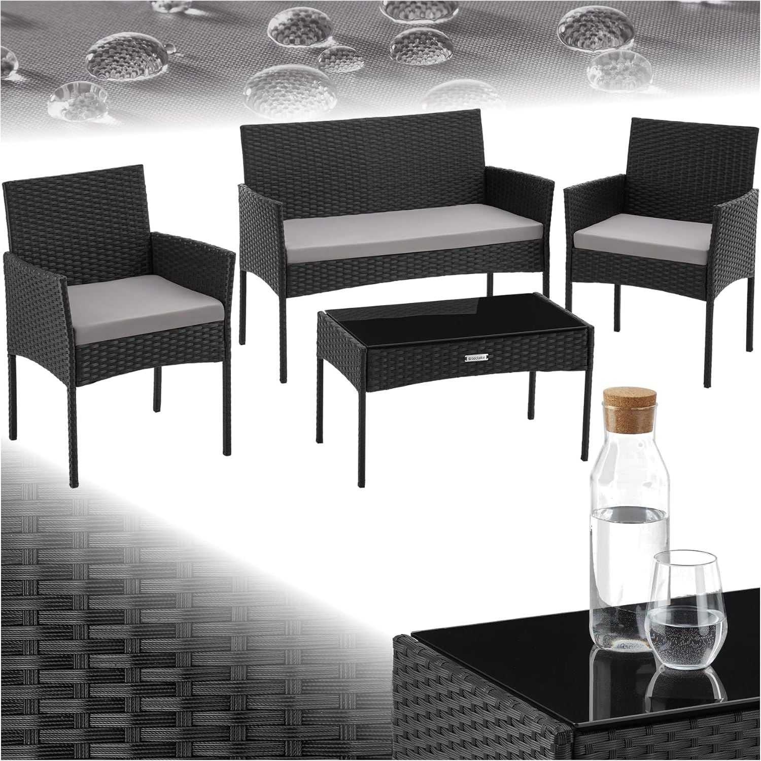 Hochwertige tectake Gartenmoebel Set Lounge Moebel 1x Gartenbank 2X 1x Balkontisch ausgestattet mit Kissen witterungsbest?ndig Balkonmoebel kleiner Balkon Lounge Gartenmoebel Terrassenmoebel schwarz Variante 465