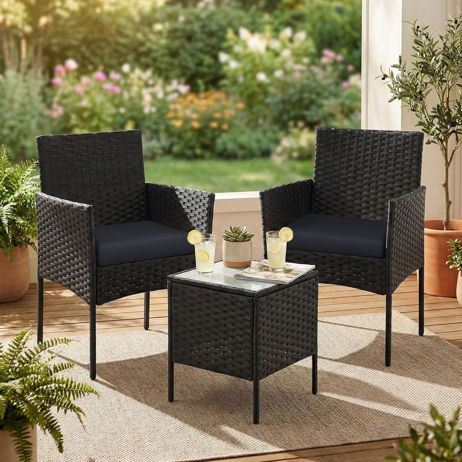 Hochwertige Balkonmoebel Gartenmoebel Set aus PE Polyrattan Lounge Set und 2 Stuehle Terrassenmoebel geeignet f¨¹r Terrasse Balkon schwarz grau GGF003B02 Variante 455