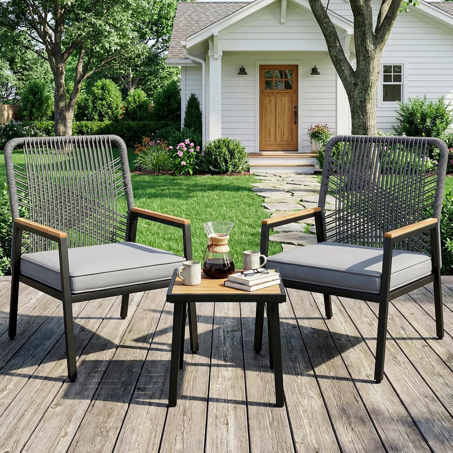 Hochwertige Gartenmoebel Set 3 teilig Gartenstuhl 2 Terrassenstuehle ausgestattet mit bis 160 kg witterungsbestaendig WPC Armrest Balkonmoebel Metall und geeignet f¨¹r Terrasse Veranda Variante 450