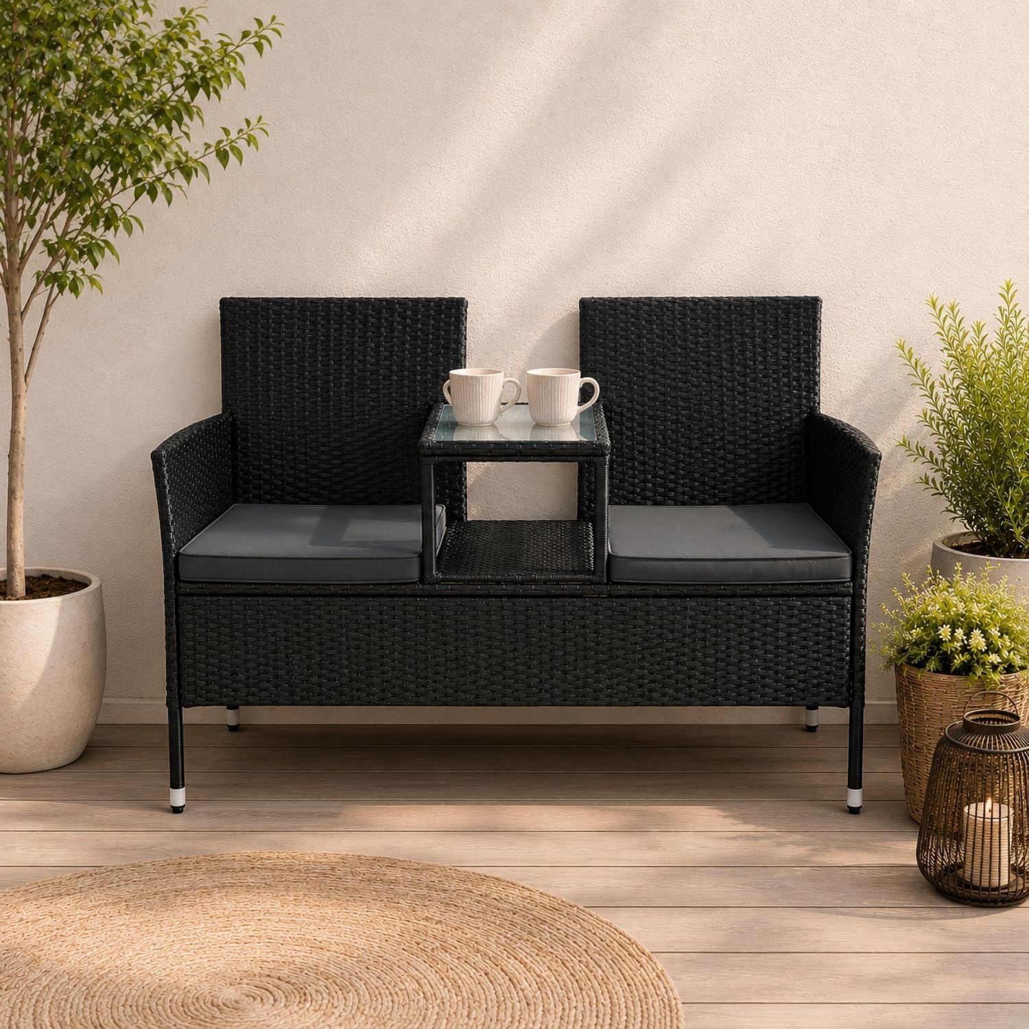 Hochwertige Polyrattan Gartenbank Monaco 2 Sitzer Bank ausgestattet mit Kissen 133x63x84 cm Sitzbank wetterresistent Balkon schwarz Variante 703